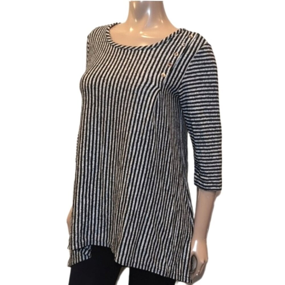 COIN 1804 Striped Tunic Top Cropped Long Sleeve Asymmetric Button Accent Large